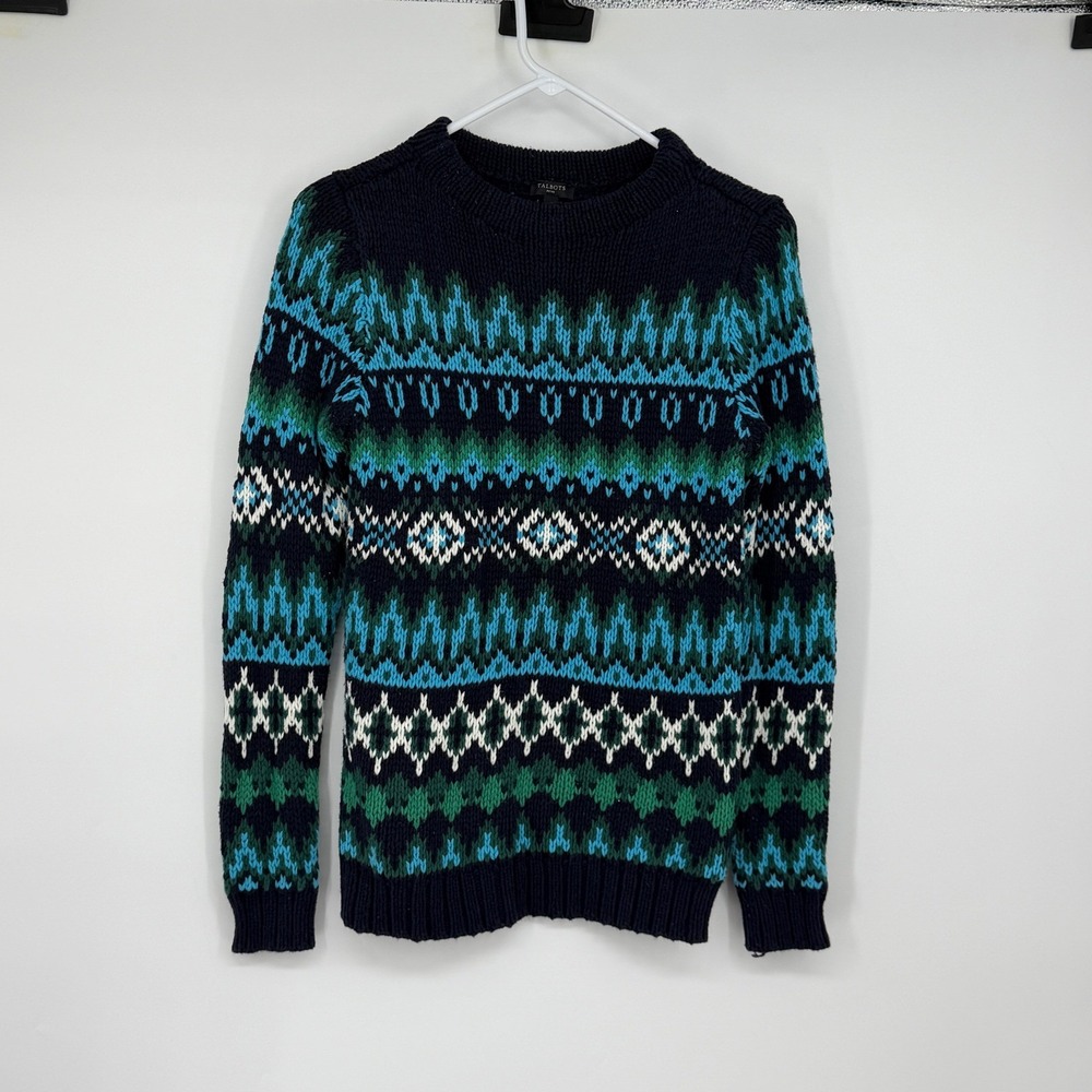 Talbots Petite P Fair Isle Sweater Navy Blue Green Cotton Blend Nordic Chunky